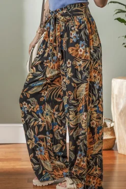 New Dear-Lover Floral Shirred High Waist Wide Leg Pants with Tie Multicolour