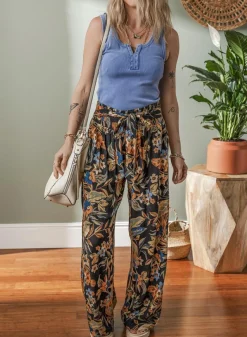 New Dear-Lover Floral Shirred High Waist Wide Leg Pants with Tie Multicolour