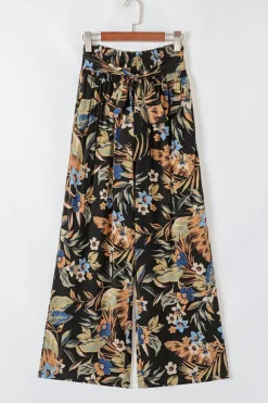 New Dear-Lover Floral Shirred High Waist Wide Leg Pants with Tie Multicolour