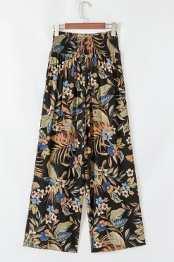 New Dear-Lover Floral Shirred High Waist Wide Leg Pants with Tie Multicolour
