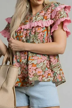 Best Dear-Lover Floral Tiered Ruffled Short Sleeve Blouse Multicolour