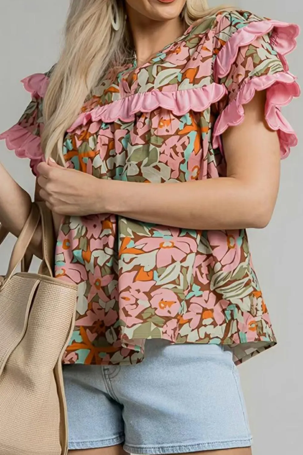 Best Dear-Lover Floral Tiered Ruffled Short Sleeve Blouse Multicolour