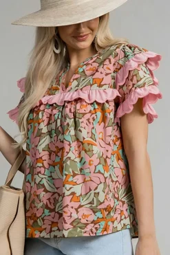 Best Dear-Lover Floral Tiered Ruffled Short Sleeve Blouse Multicolour