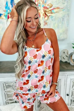 Sale Dear-Lover Floral V Neck Cami Top and Ruffled Shorts Lounge Set Multicolour