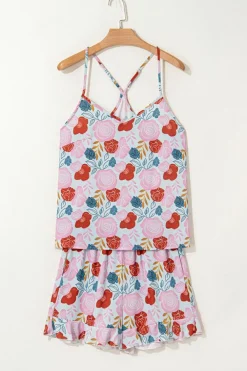 Sale Dear-Lover Floral V Neck Cami Top and Ruffled Shorts Lounge Set Multicolour