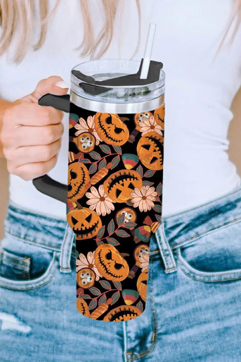 Fashion Dear-Lover Halloween Pumpkin Print 304 Stainless Vacuum Cup 40oz Multicolour