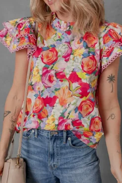 Online Dear-Lover Lace Trim Ruffle Short Sleeve Floral Blouse Multicolour