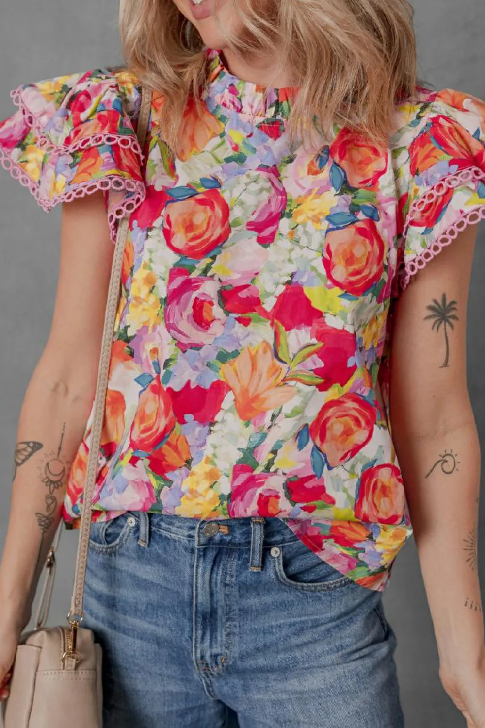 Online Dear-Lover Lace Trim Ruffle Short Sleeve Floral Blouse Multicolour