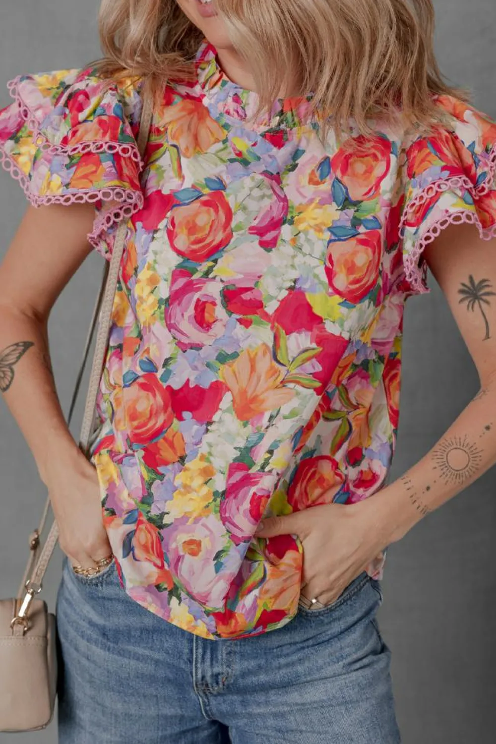 Online Dear-Lover Lace Trim Ruffle Short Sleeve Floral Blouse Multicolour