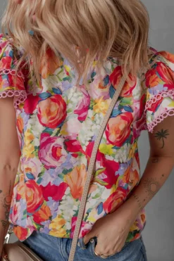Online Dear-Lover Lace Trim Ruffle Short Sleeve Floral Blouse Multicolour