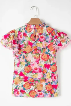 Online Dear-Lover Lace Trim Ruffle Short Sleeve Floral Blouse Multicolour