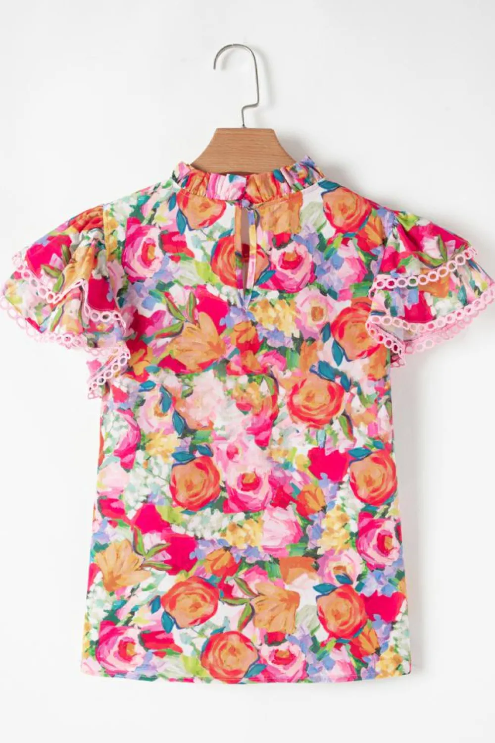 Online Dear-Lover Lace Trim Ruffle Short Sleeve Floral Blouse Multicolour