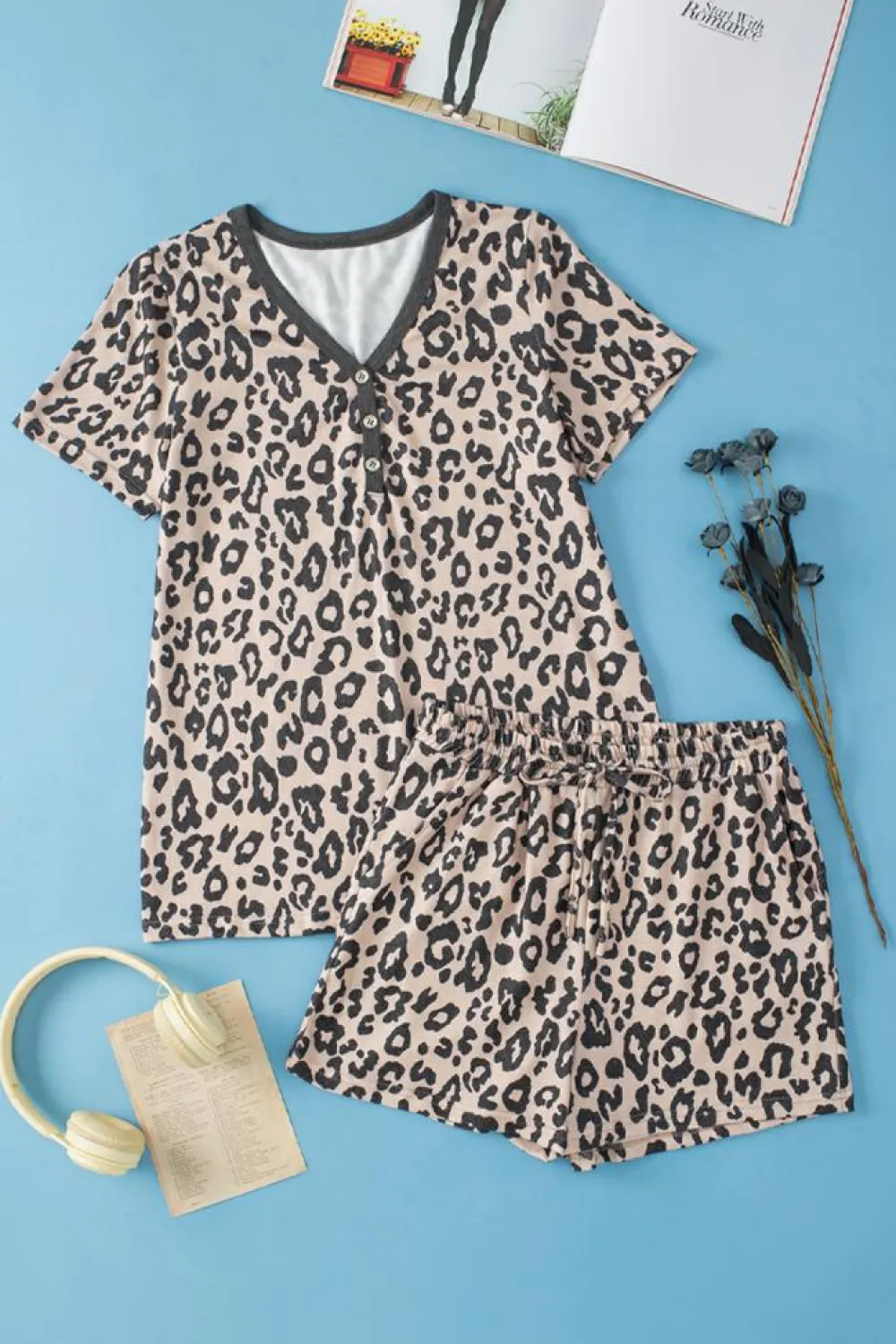 Discount Dear-Lover Leopard Button V Neck Tee and Drawstring Shorts Set Multicolour