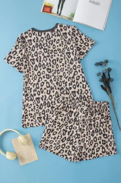 Discount Dear-Lover Leopard Button V Neck Tee and Drawstring Shorts Set Multicolour