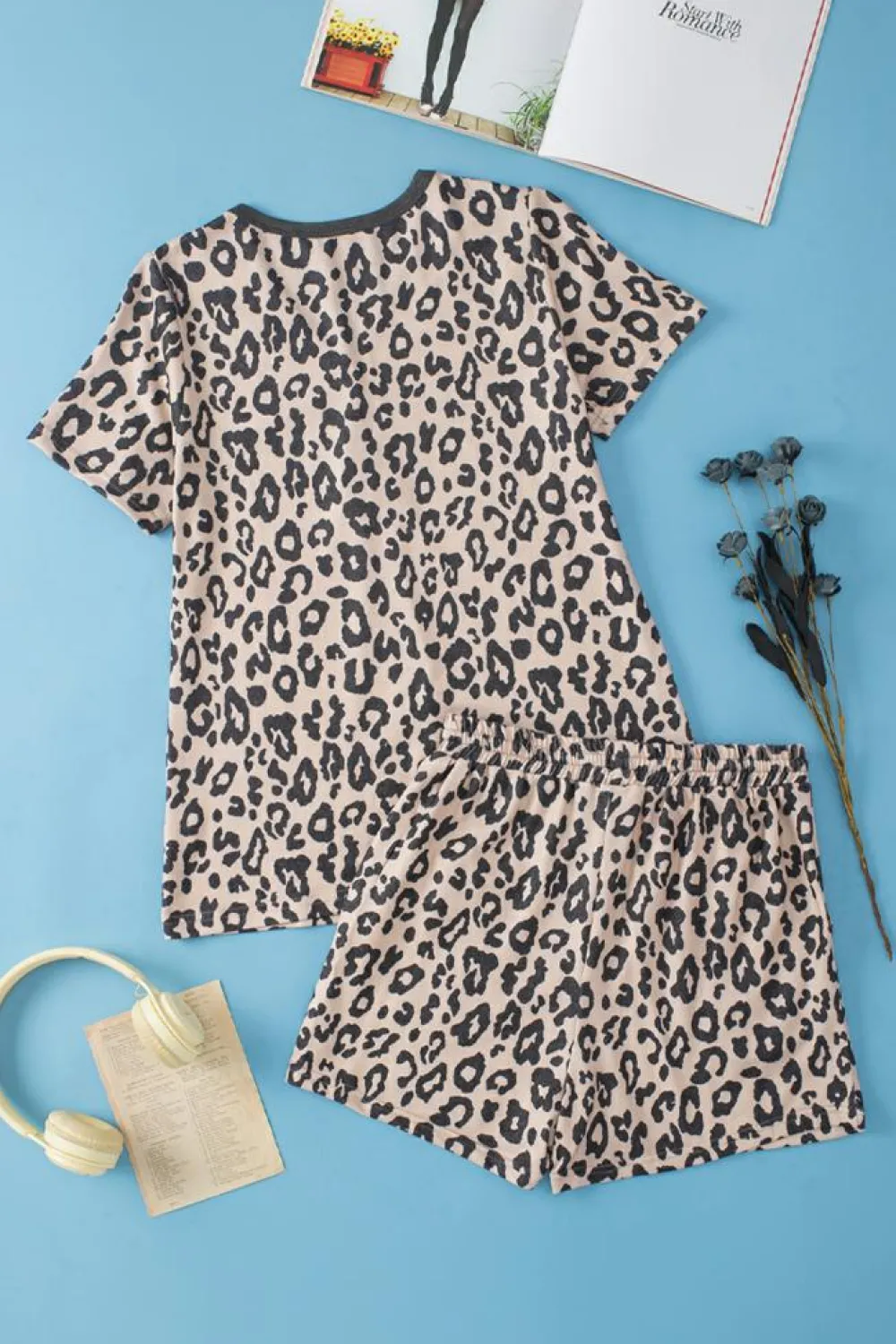 Discount Dear-Lover Leopard Button V Neck Tee and Drawstring Shorts Set Multicolour