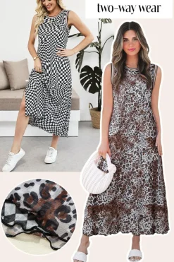 Best Dear-Lover Leopard Checkered Double Printed Reversible Sleeveless Long Dress Multicolour