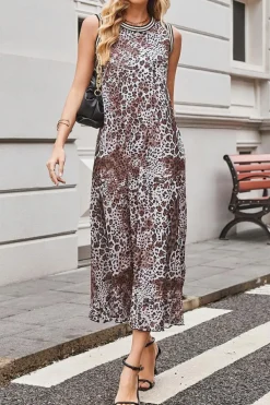 Best Dear-Lover Leopard Checkered Double Printed Reversible Sleeveless Long Dress Multicolour