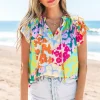 Sale Dear-Lover Leopard Flutter Sleeve V Neck Crinkled Blouse Multicolour