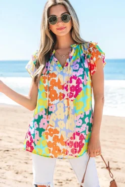Sale Dear-Lover Leopard Flutter Sleeve V Neck Crinkled Blouse Multicolour
