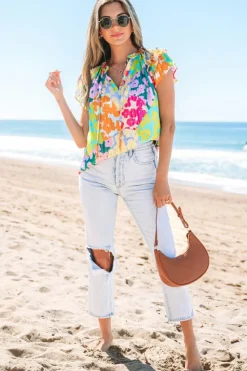 Sale Dear-Lover Leopard Flutter Sleeve V Neck Crinkled Blouse Multicolour