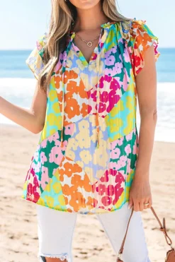 Sale Dear-Lover Leopard Flutter Sleeve V Neck Crinkled Blouse Multicolour