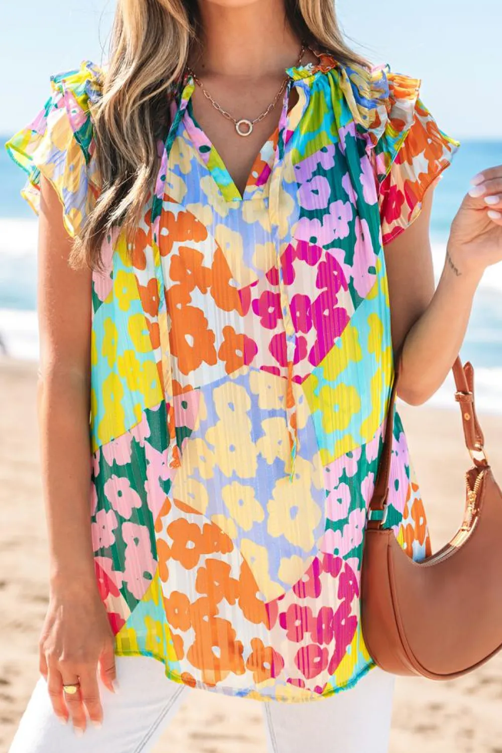 Sale Dear-Lover Leopard Flutter Sleeve V Neck Crinkled Blouse Multicolour