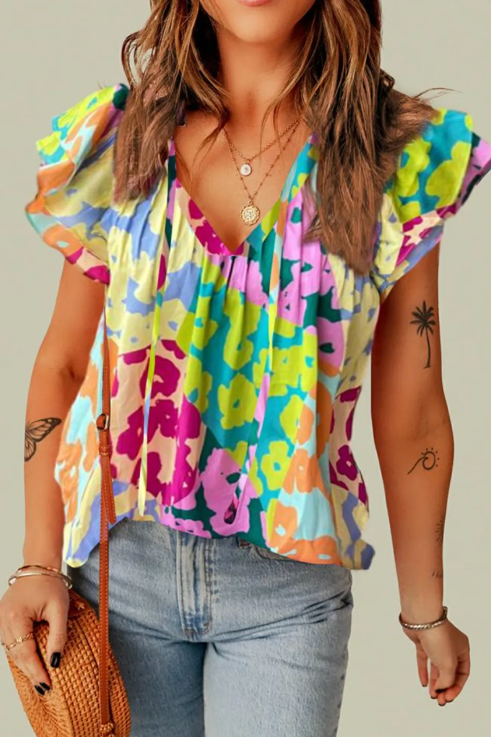 Sale Dear-Lover Leopard Flutter Sleeve V Neck Crinkled Blouse Multicolour