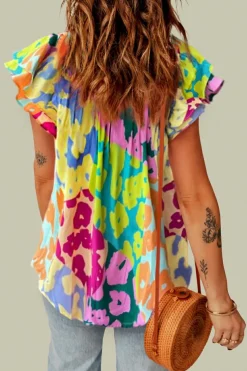 Sale Dear-Lover Leopard Flutter Sleeve V Neck Crinkled Blouse Multicolour