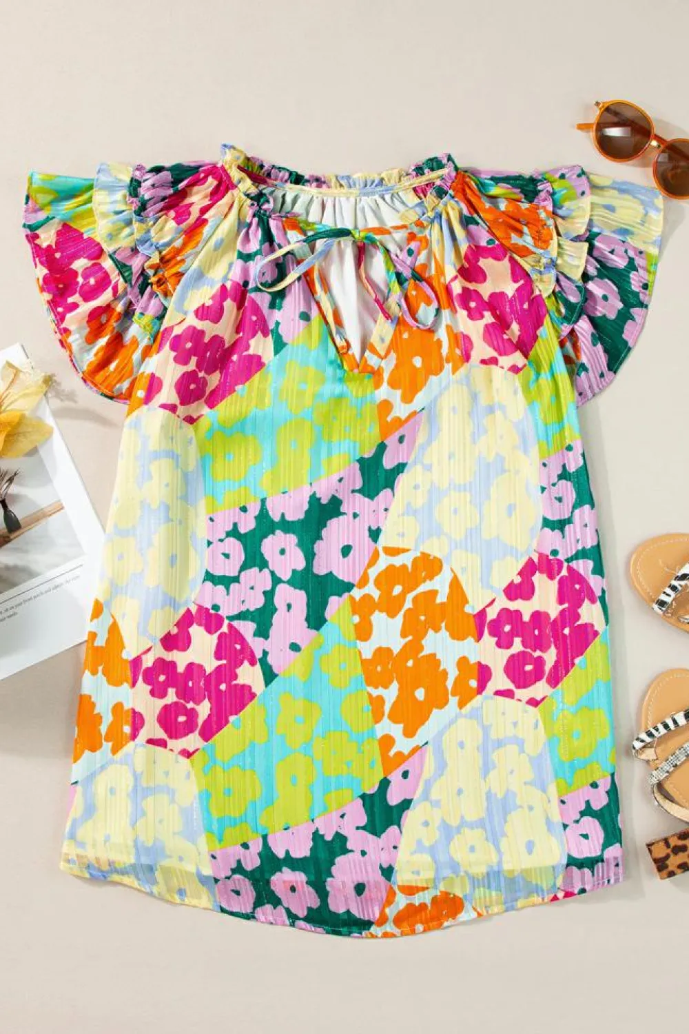 Sale Dear-Lover Leopard Flutter Sleeve V Neck Crinkled Blouse Multicolour