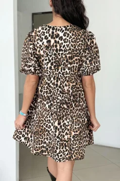 Outlet Dear-Lover Leopard Tie Front Puff Sleeve Short Flared Dress Multicolour