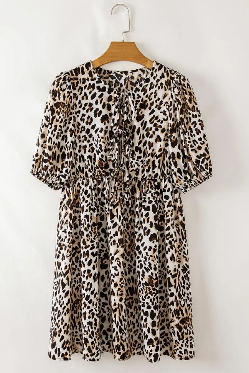 Outlet Dear-Lover Leopard Tie Front Puff Sleeve Short Flared Dress Multicolour
