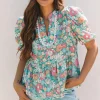 Clearance Dear-Lover Notched Neck Puff Short Sleeve Floral Blouse Multicolour
