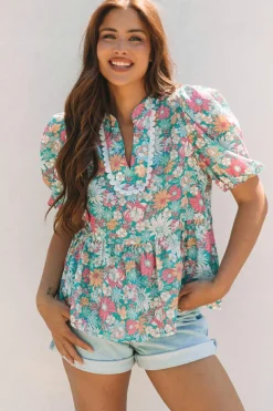 Clearance Dear-Lover Notched Neck Puff Short Sleeve Floral Blouse Multicolour