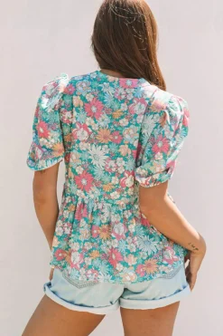 Clearance Dear-Lover Notched Neck Puff Short Sleeve Floral Blouse Multicolour
