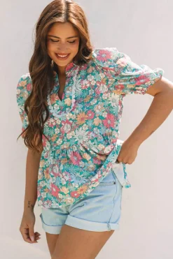 Clearance Dear-Lover Notched Neck Puff Short Sleeve Floral Blouse Multicolour