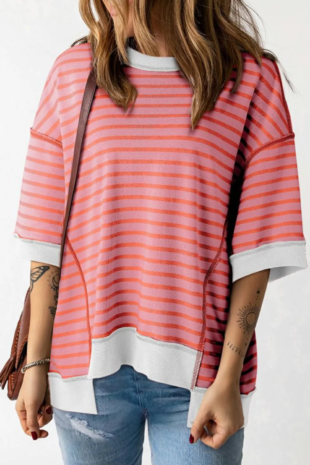 Best Dear-Lover Oversized Contrast Trim Exposed Seam High Low T Shirt Multicolour
