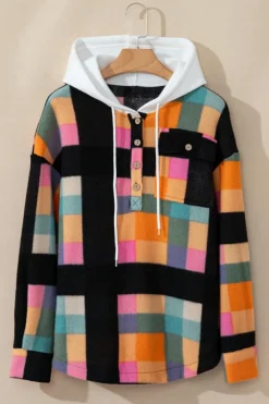 Clearance Dear-Lover Plaid Color Block Flap Pocket Buttoned Hoodie Multicolour