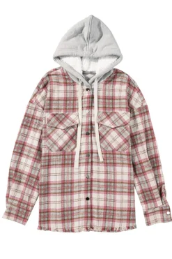 Best Dear-Lover Plaid Flap Pocket Hooded Raw Hem Jacket Multicolour