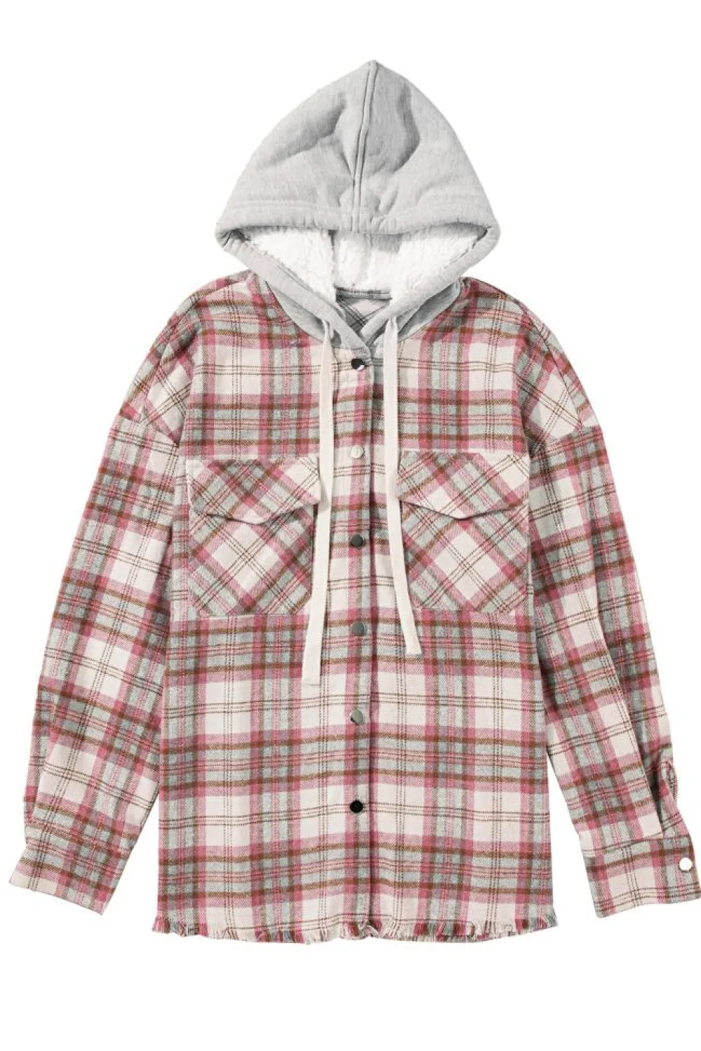 Best Dear-Lover Plaid Flap Pocket Hooded Raw Hem Jacket Multicolour