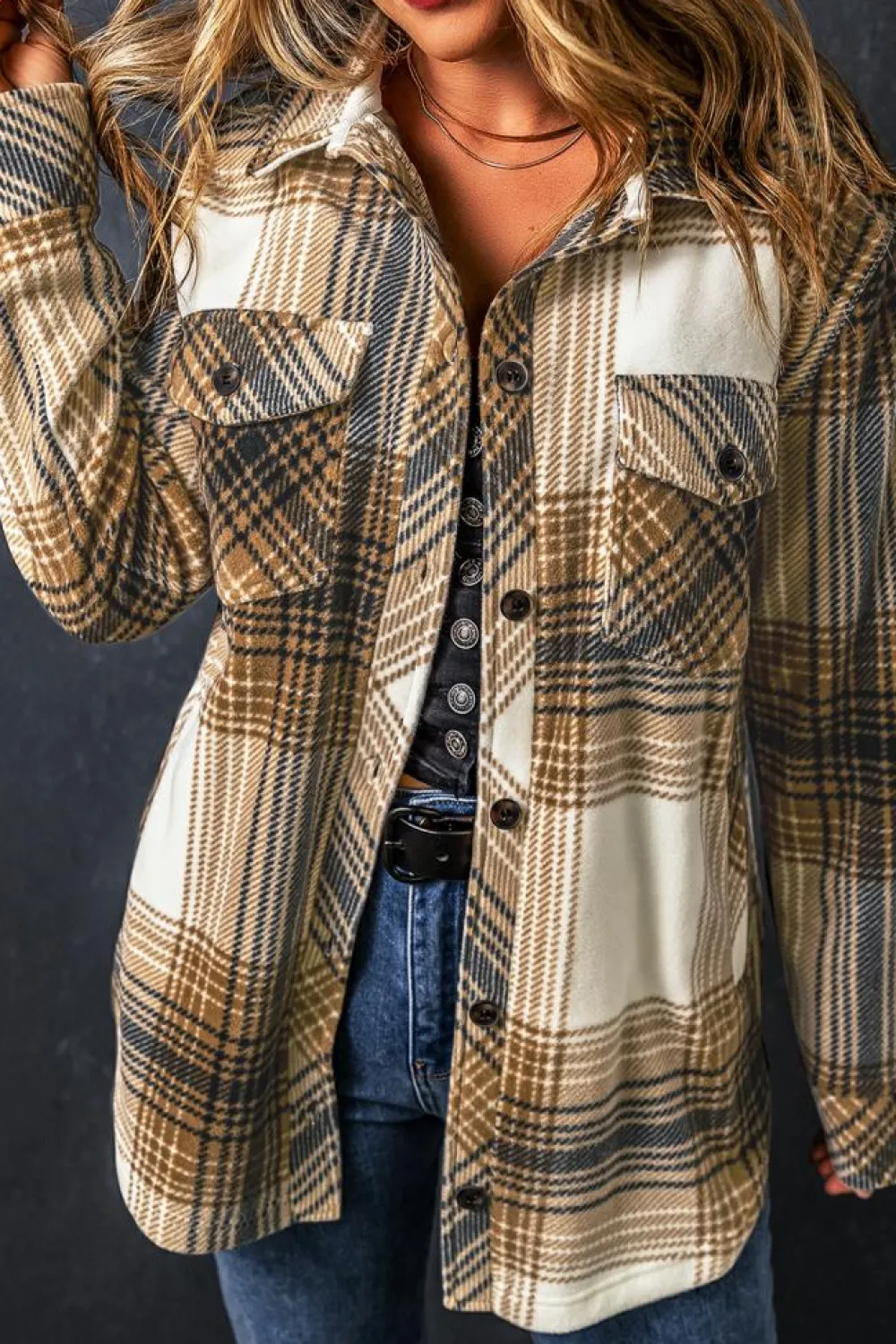 Best Dear-Lover Plaid Print Flap Pocket Button Up Shacket Multicolour