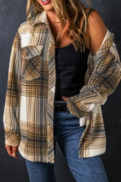 Best Dear-Lover Plaid Print Flap Pocket Button Up Shacket Multicolour