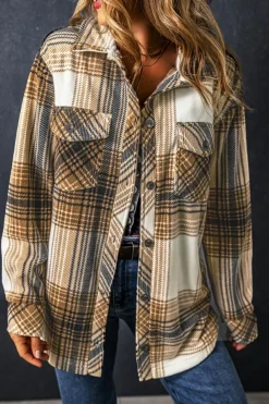 Best Dear-Lover Plaid Print Flap Pocket Button Up Shacket Multicolour