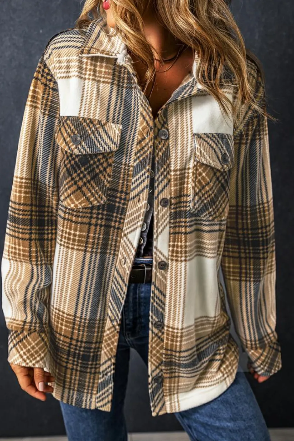 Best Dear-Lover Plaid Print Flap Pocket Button Up Shacket Multicolour