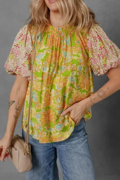 Online Dear-Lover Printed Contrast Bubble Sleeve Patchwork Blouse Multicolour