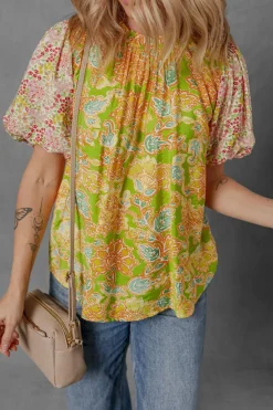 Online Dear-Lover Printed Contrast Bubble Sleeve Patchwork Blouse Multicolour