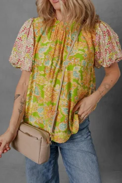 Online Dear-Lover Printed Contrast Bubble Sleeve Patchwork Blouse Multicolour