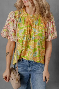 Online Dear-Lover Printed Contrast Bubble Sleeve Patchwork Blouse Multicolour