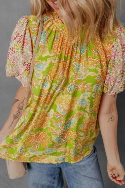 Online Dear-Lover Printed Contrast Bubble Sleeve Patchwork Blouse Multicolour