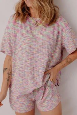 Outlet Dear-Lover Printed Ribbed Knit T Shirt and Shorts Lounge Set Multicolour
