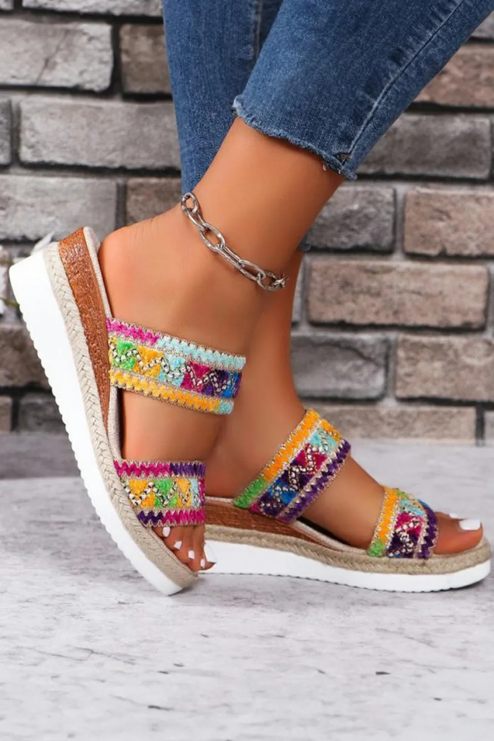 Sale Dear-Lover Random Color Crochet Dual Band Wedge Slippers Multicolour